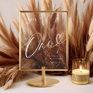 Elegant Script Heart Wedding Table Number One Acrylic Sign