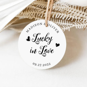 Elegant Script Hearts Lucky in Love Wedding Favour Classic Round Sticker