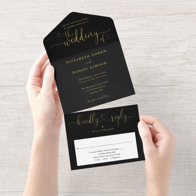 Elegant Script Hearts Minimalist Wedding Foil All In One Invitation (Tearaway)