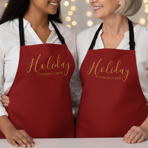 Elegant Script Holiday Cooking Crew Red Gold Apron