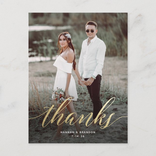 Elegant Script in Gold Wedding Thank You Post Card (Front)