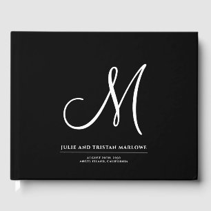 Elegant Script Initial Wedding Monogram Black Guest Book