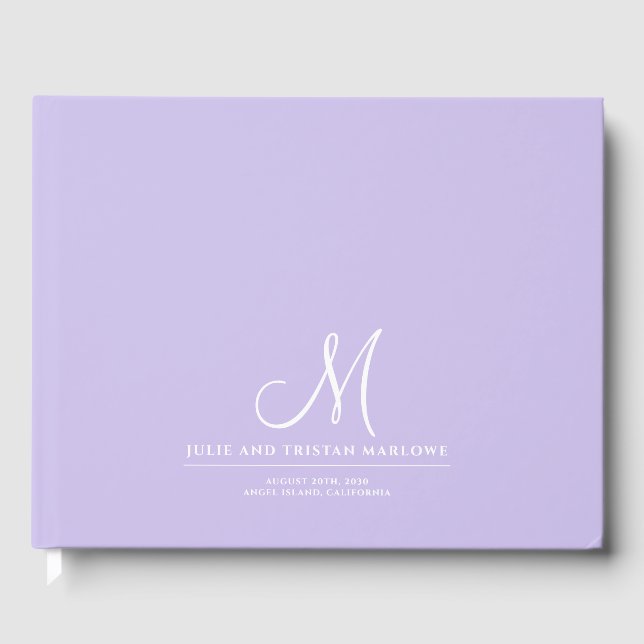 Elegant Script Initial Wedding Monogram Lavender Guest Book (Front)
