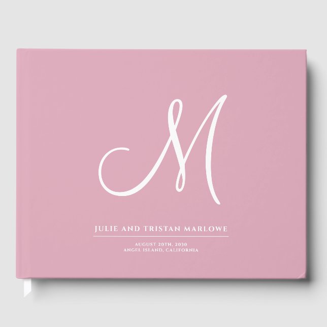 Elegant Script Initial Wedding Monogram Pink Guest Book (Front)
