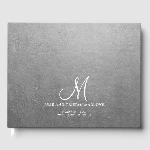 Elegant Script Initial Wedding Monogram Silver Guest Book