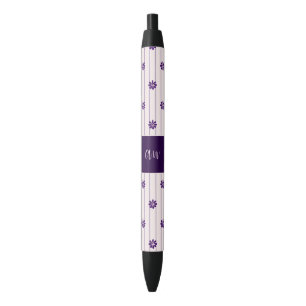 Elegant Script Initials - Flowers & Stripes Black Ink Pen