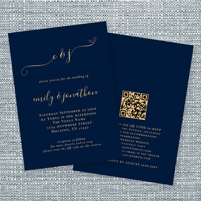 Elegant Script Initials Navy Gold QR Code Wedding Invitation (Creator Uploaded)