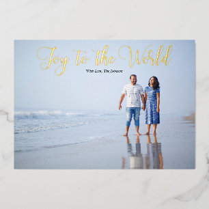 Elegant Script Joy to the World Personalized Foil Holiday Card