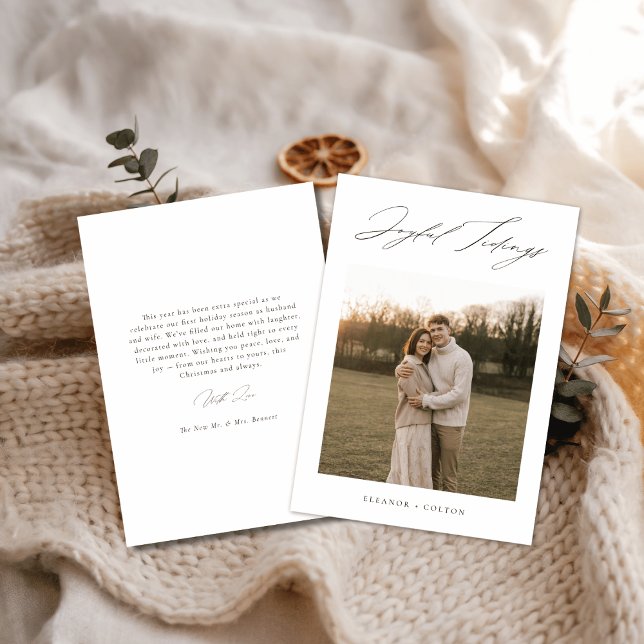 Elegant Script Joyful Tiding Boho Newlywed Photo Holiday Card (Creator Uploaded)