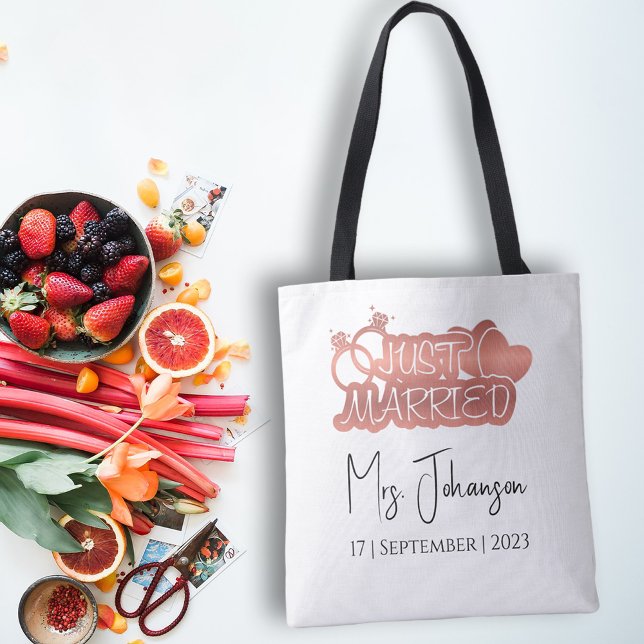Elegant Script Just Married Rose Gold Honeymoon Tote Bag (Creator Uploaded)