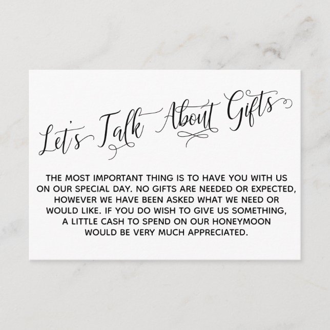 Elegant Script Let's Talk About Gifts Wedding Enclosure Card (Front)