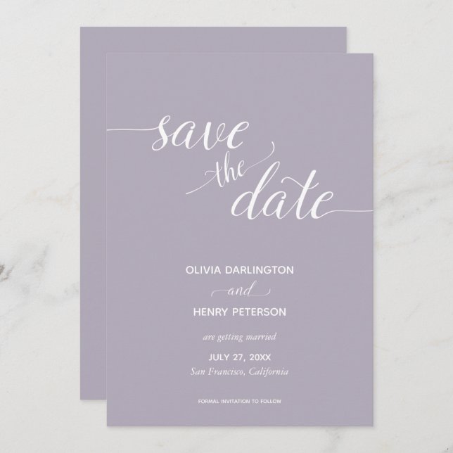 Elegant Script Lilac Wedding Save the Date Cards (Front/Back)