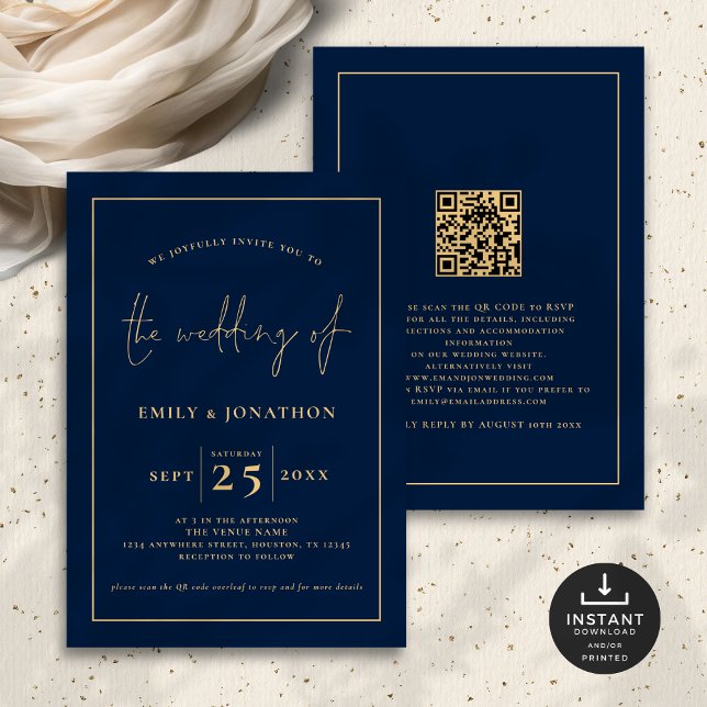 Elegant Script Line QR Code Navy Blue Gold Wedding Invitation (Front and back view)