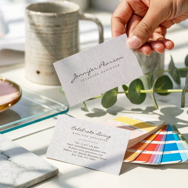 Elegant script logo simple chic modern beige linen business card (Elegant script logo simple chic modern beige linen)