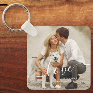 Elegant Script "Love" Custom Photo Keychain