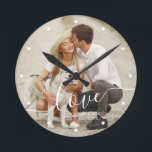 Elegant Script "Love" Custom Photo Round Clock<br><div class="desc">Add your favourite photo from your last vacation,  wedding,  or special occasion.</div>