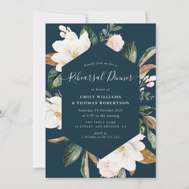 elegant script magnolia flowers rehearsal dinner invitation (Front)