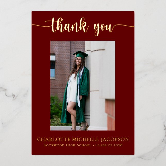 Elegant Script Maroon Gold Photo Graduation (Front)