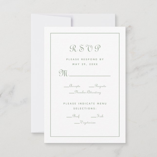 Elegant Script Meal Choice Green Wedding Enclosure RSVP Card (Front)