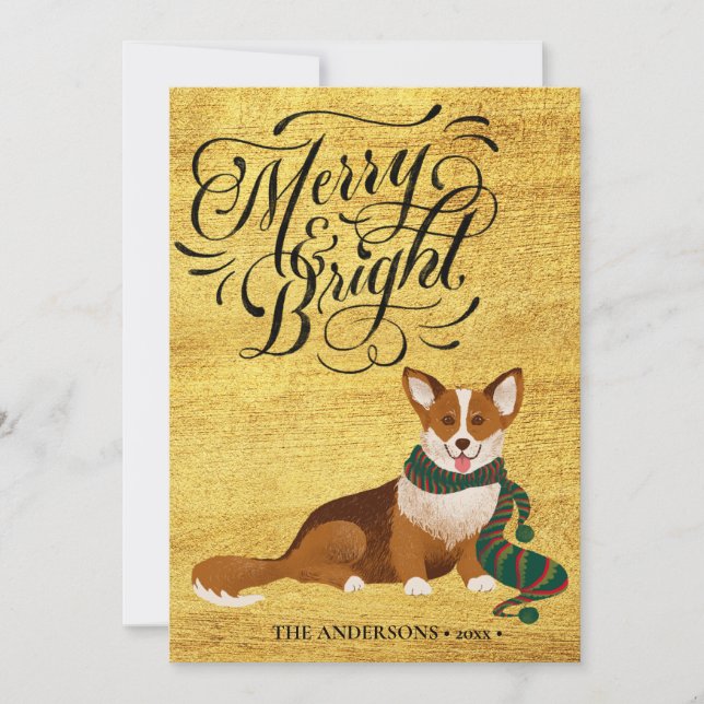 Elegant Script MERRY and BRIGHT Cute Corgi Fun Holiday Card (Front)