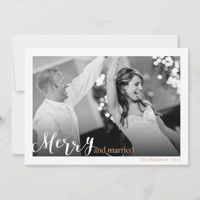 Elegant Script Merry and Married Photo Christmas Holiday Card (Front)