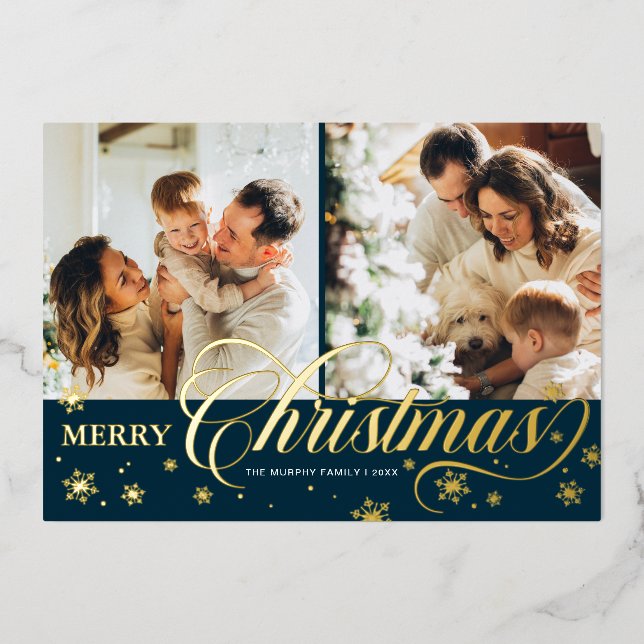 Elegant Script 'Merry Christmas' 2 Photo Gold Foil Holiday Card (Front)