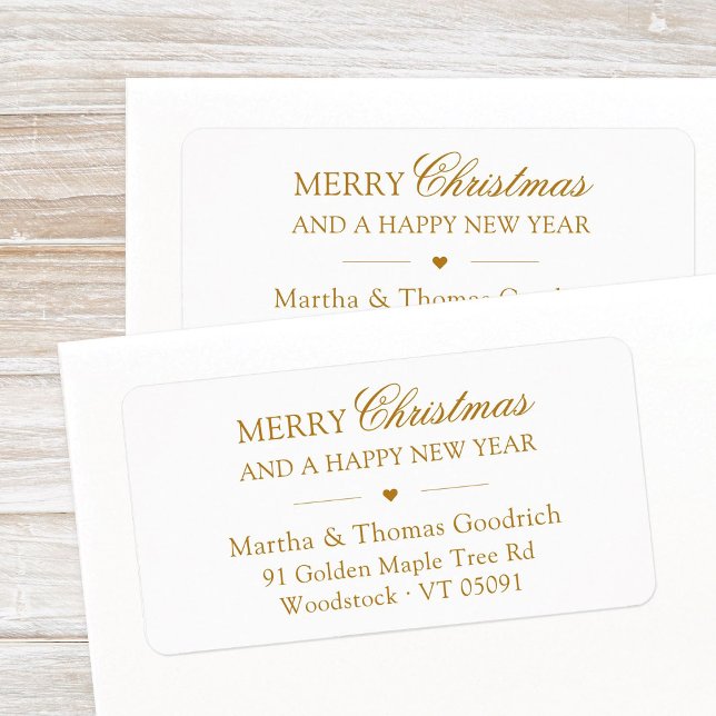 Elegant Script Merry Christmas Gold Return Address Label (Simple, Elegant Merry Christmas and a Happy New Year return address label with small golden heart.)