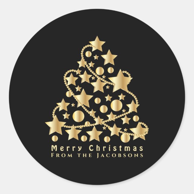 Elegant Script Merry Christmas Gold Star Black T S Classic Round Sticker (Front)