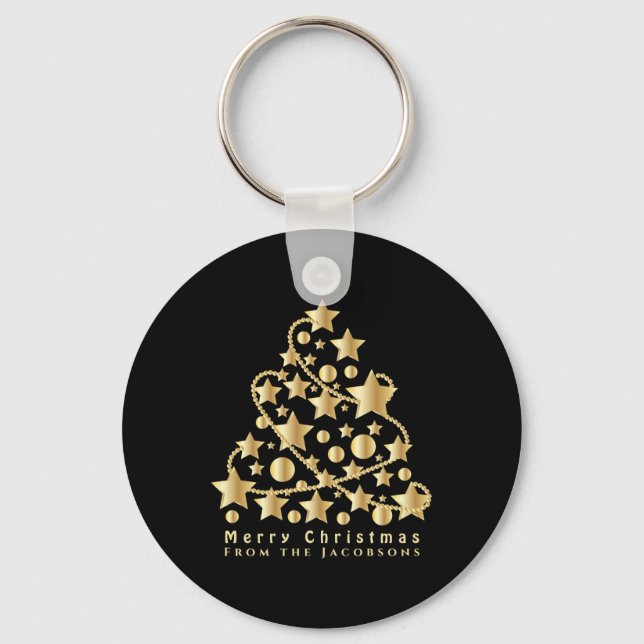Elegant Script Merry Christmas Gold Star Black T S Keychain (Front)
