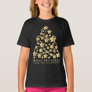 Elegant Script Merry Christmas Gold Star Black T-Shirt