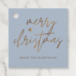 Elegant Script Merry Christmas Gold Star Blue Favour Tags