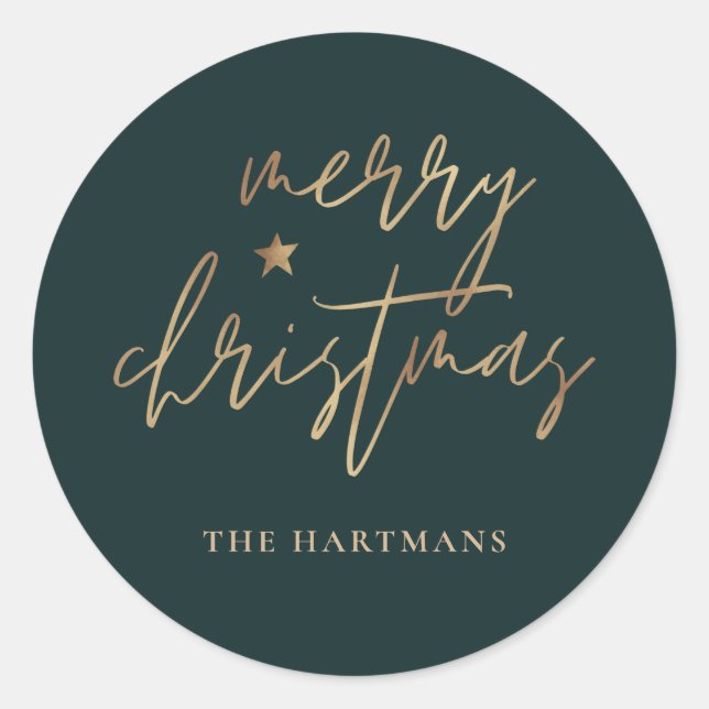 Elegant Script Merry Christmas Gold Star Dark Teal Classic Round Sticker (Front)