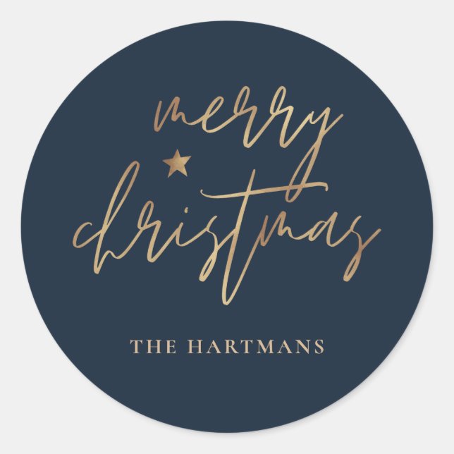 Elegant Script Merry Christmas Gold Star Navy Blue Classic Round Sticker (Front)