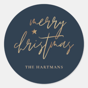 Elegant Script Merry Christmas Gold Star Navy Blue Classic Round Sticker