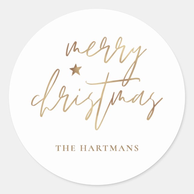 Elegant Script Merry Christmas Gold Star White Classic Round Sticker (Front)