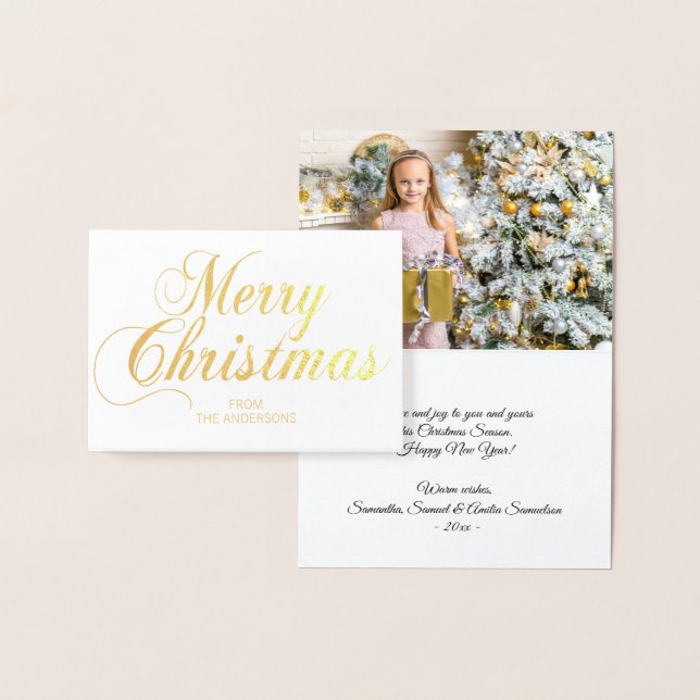 Elegant Script Merry Christmas Greeting PHOTO Gold Foil Card (Display)