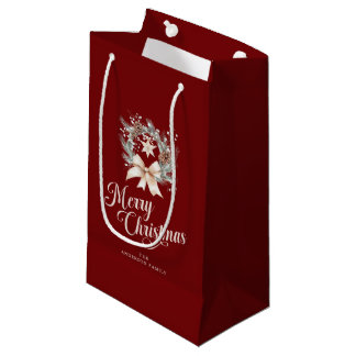 Elegant Script Merry Christmas Holiday Wreath Small Gift Bag