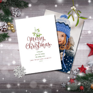 Elegant Script Merry Christmas Mistletoe Photo Holiday Card