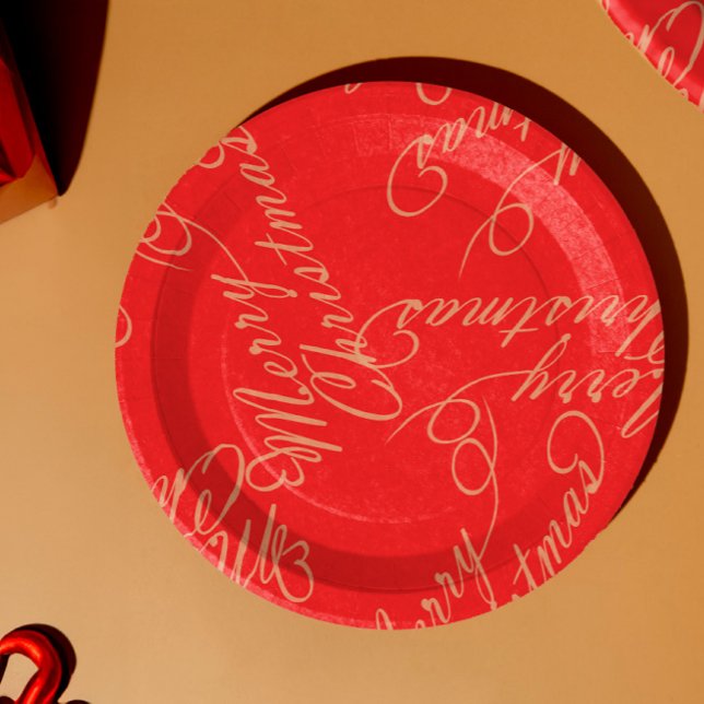 Elegant Script Merry Christmas Pattern/ Red & Gold Paper Plate (Creator Uploaded)