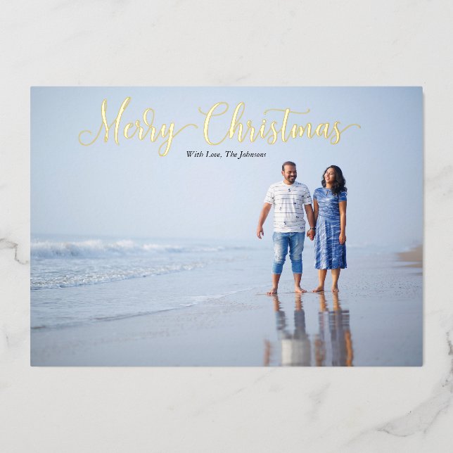 Elegant Script Merry Christmas Personalized  Foil Holiday Card (Front)