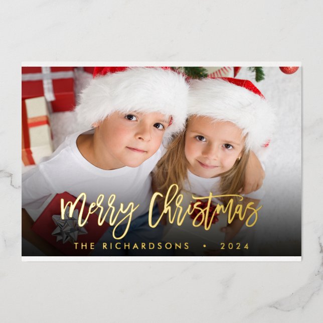 Elegant Script Merry Christmas Photo Family Gold Foil Holiday Card (Front)