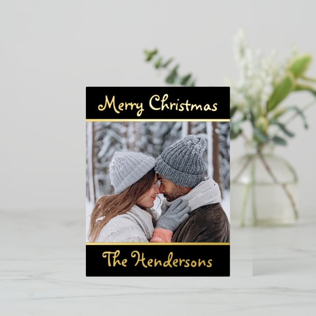  Elegant Script Merry Christmas Photo Foil Holiday Postcard (Standing Front)