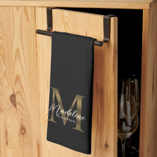 Elegant Script Metallic Black and Gold Monogram Kitchen Towel