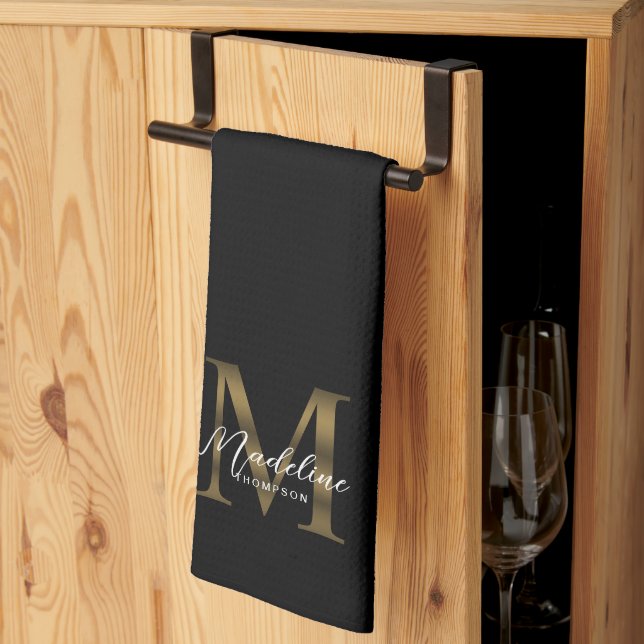 Elegant Script Metallic Black and Gold Monogram Kitchen Towel (Thirds Fold)