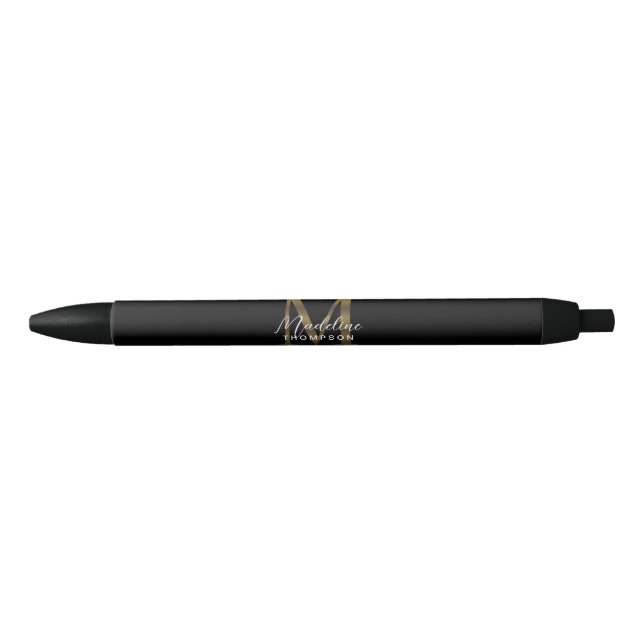 Elegant Script Metallic Black Gold Monogram Ink Pen (Front)