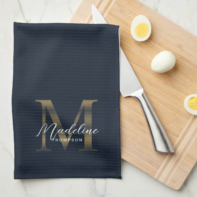Elegant Script Metallic Navy Blue Gold Monogram Kitchen Towel (Quarter Fold)