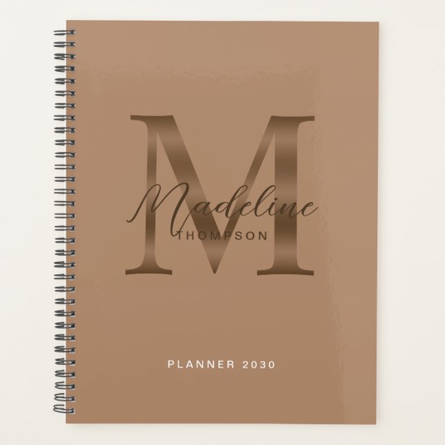 Elegant Script Metallic Taupe Gold Monogram Planner (Front)