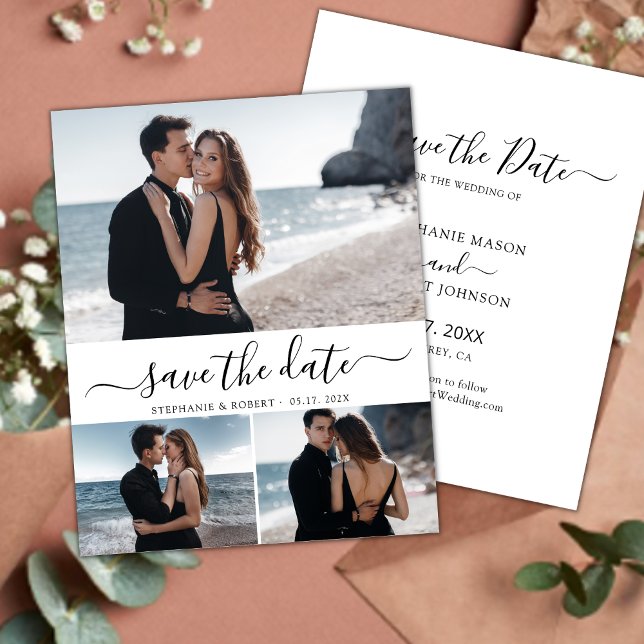 Elegant Script Minimal 3 Photo Collage Wedding  Save The Date (Creator Uploaded)