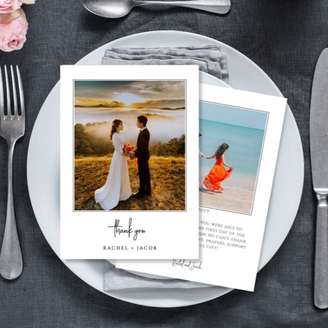 Elegant Script Minimalist 2-Photo Wedding Thank You Card (Creator Uploaded)