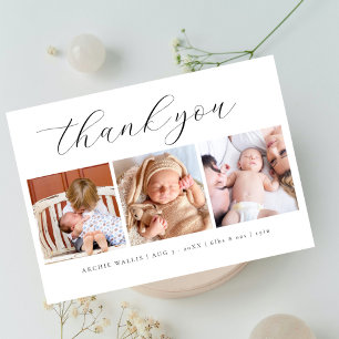 Elegant Script Minimalist 3 Photo New Baby Thank You Card
